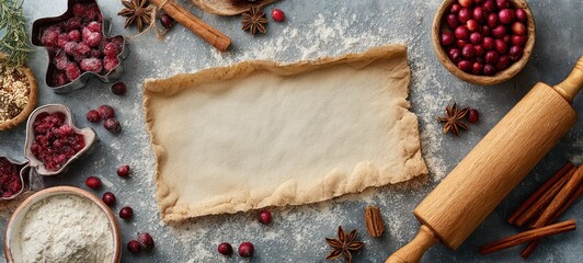 Baking Ingredients with Cranberries, Recipe, and Background.