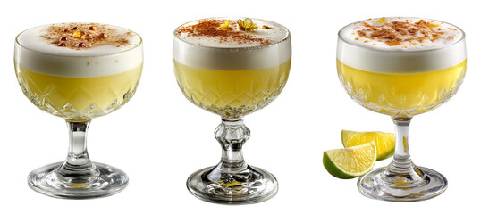 Classic Pisco Sour Cocktail in Coupe Glass with Foam Top and Bitters Drops, Isolated on Transparent Background