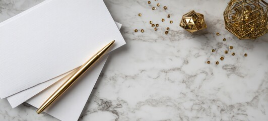 Stationery Blank card with pen and gold decor.