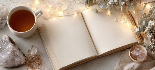 Tea and Crystals Open Book Cozy Scene.