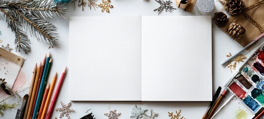 Winter Art with Blank Sketchbook, and White Background.