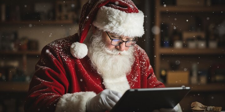 a santa claus is using a tablet computer