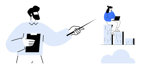 Naklejka na ściany i meble Man holding clipboard and pointing to a chart, woman sitting on bar graphs with laptop. Ideal for business strategy, teamwork, data analysis, leadership, growth, presentations, simple flat metaphor Naklejka na ściany i meble Man holding clipboard and pointing to a chart, woman sitting on bar graphs with laptop. Ideal for business strategy, teamwork, data analysis, leadership, growth, presentations, simple flat metaphor