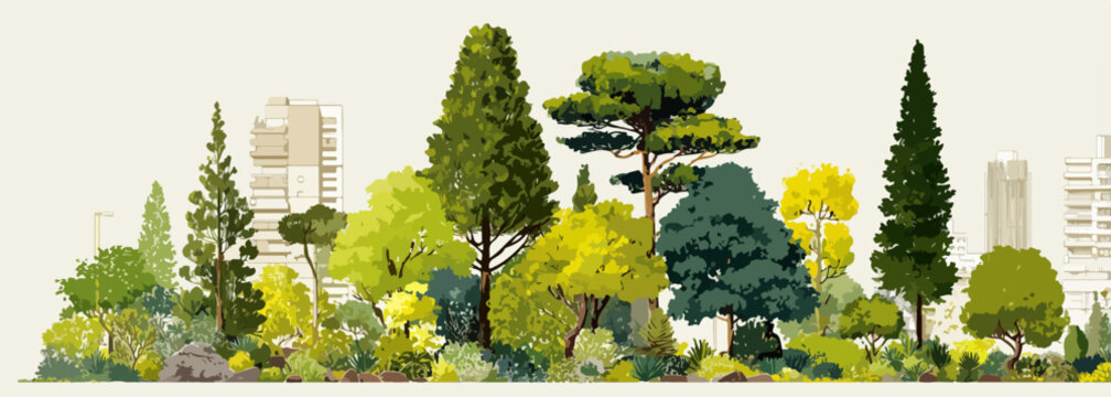 Un'illustrazione vettoriale di un paesaggio urbano verdeggiante, dove una lussureggiante variet&agrave; di alberi e piante prospera davanti a un moderno orizzonte cittadino.
