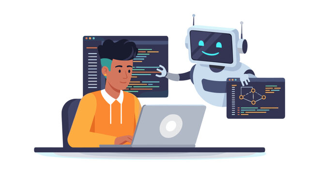 A programmer and a friendly robot collaborate on coding tasks, showcasing modern technology and artificial intelligence in a digital workspace.