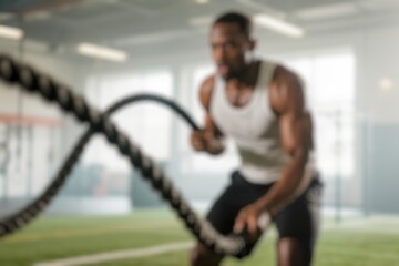 Blurred image of ethnic sportsman with strong torso exercising with battle ropes during functional training in gym