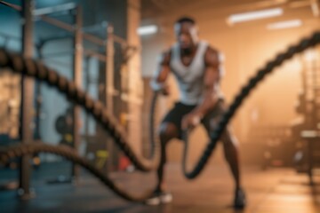 afro american fit athlete doing battle ropes exercise at crossfit gym. African Man wear black shorts training with rope. sport motivation, cross fit, fitness concept. cardio training. Blur images