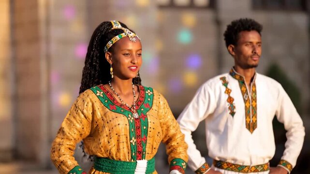 Ethiopian Couple Dancing in Traditional Clothing Outdoor