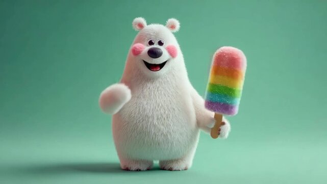 A fluffy, white bear with rosy cheeks smiles holding a rainbow popsicle against a green background