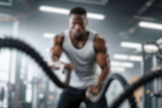 Muscular black man working out on the battle ropes in a gym. Blurry image 