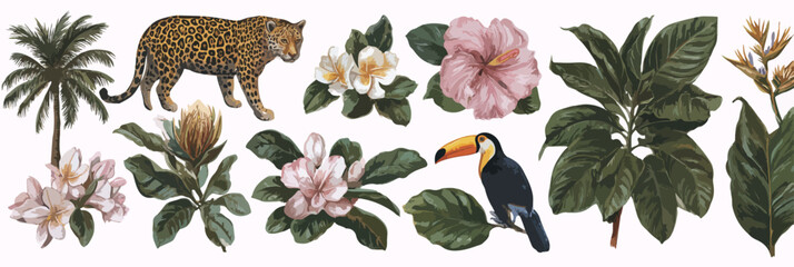 Obraz premium Illustrazione vettoriale di flora e fauna tropicale con un leopardo e un tucano tra piante esotiche