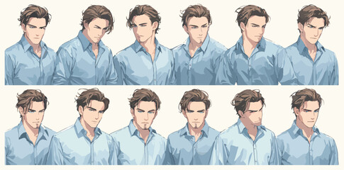 Ritratti di un giovane uomo con diverse espressioni e acconciature, stile anime.