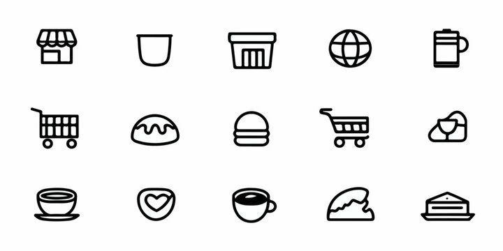Set di icone vettoriali minimaliste per negozi, cibo, bevande e acquisti online