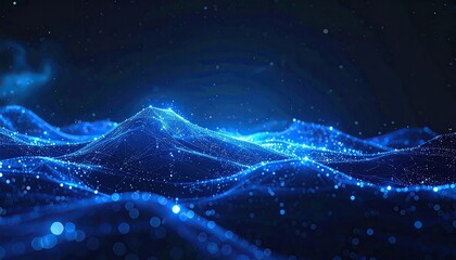 Abstract Digital Landscape with Glowing Blue Particles and Waves in Deep Space