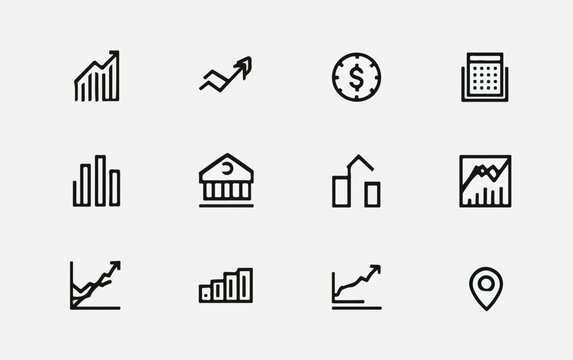 Icone minimaliste vettoriali che rappresentano concetti di finanza, economia e investimenti con grafici.