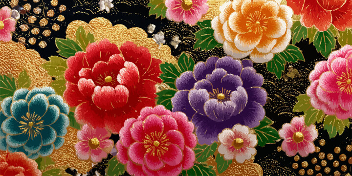 Un vibrante motivo floreale con peonie colorate su uno sfondo nero decorato con oro