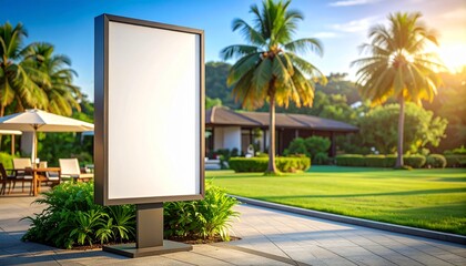 Blank outdoor advertising billboard in a tropical resort setting at sunset.