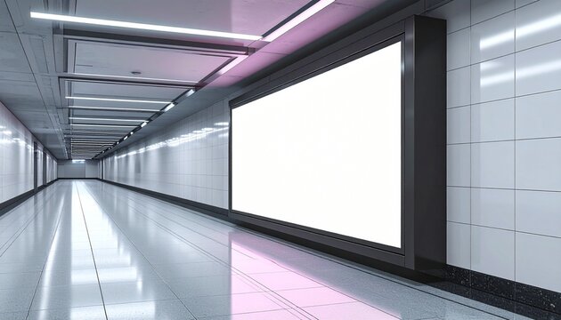 Empty Subway Tunnel with Blank Billboard for Advertisement.