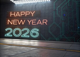 Futuristic neon sign reads happy new year 2026 in a dark urban environment