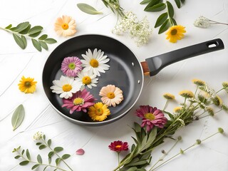 Creative still life arrangement of colorful flowers floating in a frying pan on a white surface