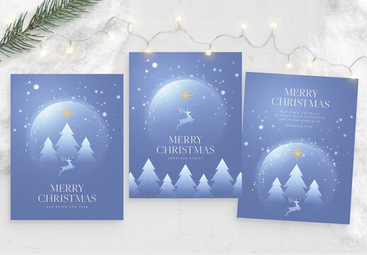 Christmas Flyer Template, Festive Winter Wonderland Theme, Blue & Gold with Reindeer & Tree Vector