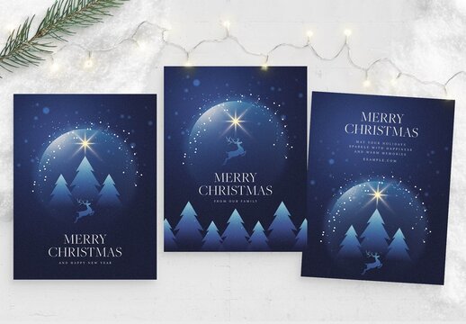 Christmas Flyer Template, Festive Winter Wonderland Theme, Blue & Gold with Reindeer & Tree Vector