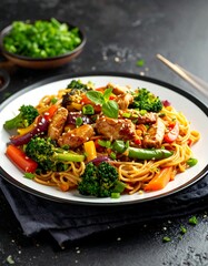 Colorful, gourmet noodle dish with meat and vegetables
