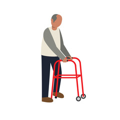 Elderly man. Old man character with paddle walker on white background. Senior man flat Vector illustration.