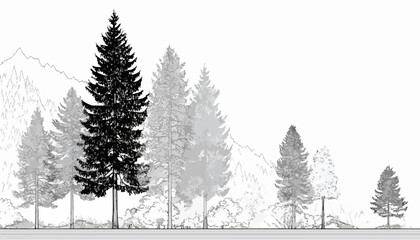 モノクロームで描かれた針葉樹林の風景イラストは、前景の鮮明な木々と遠景のぼやけた山々が奥行きを演出し、デザイン素材として活用できるベクター画像です。