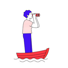 A person standing on a small boat and looking through binoculars. Concept of migration, searching for a new life or opportunities abroad. Modern illustration in a vector style.