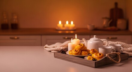 St. Lucia Day rich gradient from warm amber to rose beige, saffron buns, tea, and burning