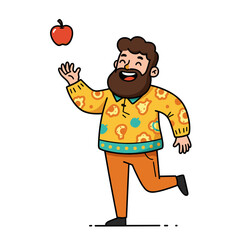 Funny cartoon illustration of a fat man standing and eating a green apple as a clip art character