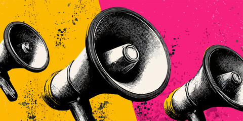 鮮やかな色使いとグランジテクスチャが特徴的なベクターイラストレーションで、複数のメガホンが力強く並び、緊急のメッセージや重要な発表を効果的に伝える様子を描写しています。