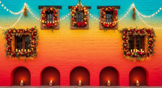 Las Posadas gradient from bright coral to turquoise blue, string lights and flowers adorning adobe walls