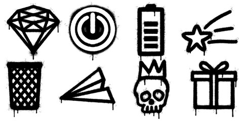 Set of black and white graffiti spray paint icons including diamond, power button, battery, shooting star, trash bin, paper plane, skull with crown, and gift box.
