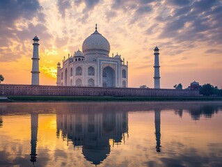 Fototapeta premium Majestic sunrise over the Taj Mahal reflected in the river