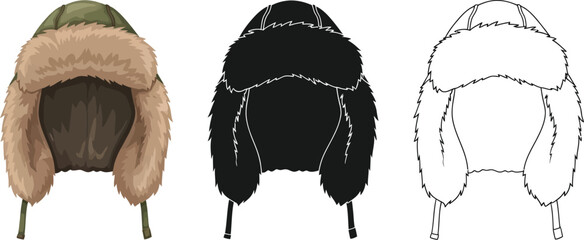 Three winter hat illustrations in color, silhouette, and outline style