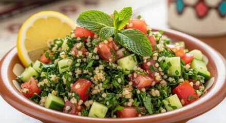 Refreshing Culinary Delight: A vibrant and colorful tabbouleh salad, artfully arranged in a rustic bowl, bursting with fresh herbs, juicy tomatoes, crisp cucumbers, and a zesty lemon garnish.