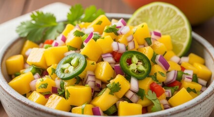 Mango Salsa: A vibrant composition featuring diced mangoes, red onions, jalapeno peppers, and cilantro, served in a rustic bowl, alongside a lime slice, a burst of colors.