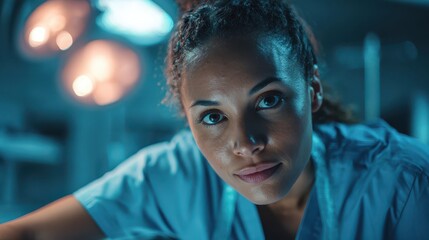 Confident female surgeon looking down in operating room