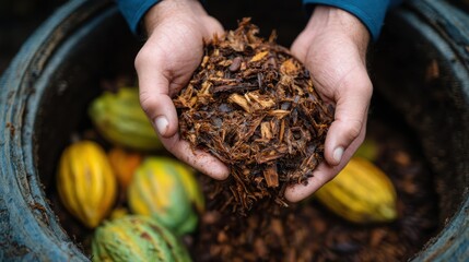Sustainable cocoa waste utilization showcases hands holding organic material, surrounded by ripe cocoa pods, emphasizing eco friendly practices