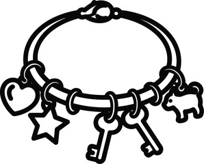 Charming charm bracelet isolated on transparent background, adorned with heart, star, keys, and dog charms in a playful, whimsical line art style