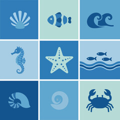 Oceanic Delight Marine Life Icons in Blue Hues