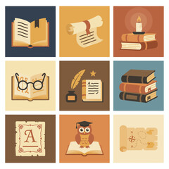 Vintage Education Icons Books, Scrolls, and Scholarly Symbols