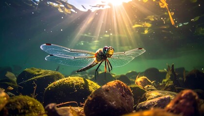 Dragonfly suspended underwater, sunlight piercing through aquatic habitat