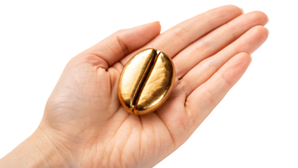 golden coffee beans in hand, a concept of wealth and business savings
