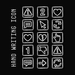 Collection of hand drawn white icons on a black background featuring symbols for communication and navigation