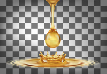 3D vector of a golden oil or honey drop Transparent  background ideal for liquid product mockups Bright clear