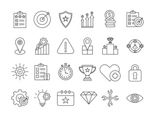 gamification n icon set collection style outline. Contain scoreboard, goal, badge, level, achievement coin, challenge coin, alert, map, competition