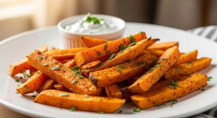 Sweet Potato Fries Delight: A plate is filled with freshly cooked sweet potato fries, crispy and golden, beside a small bowl of creamy dip. Perfect for a delicious snack.